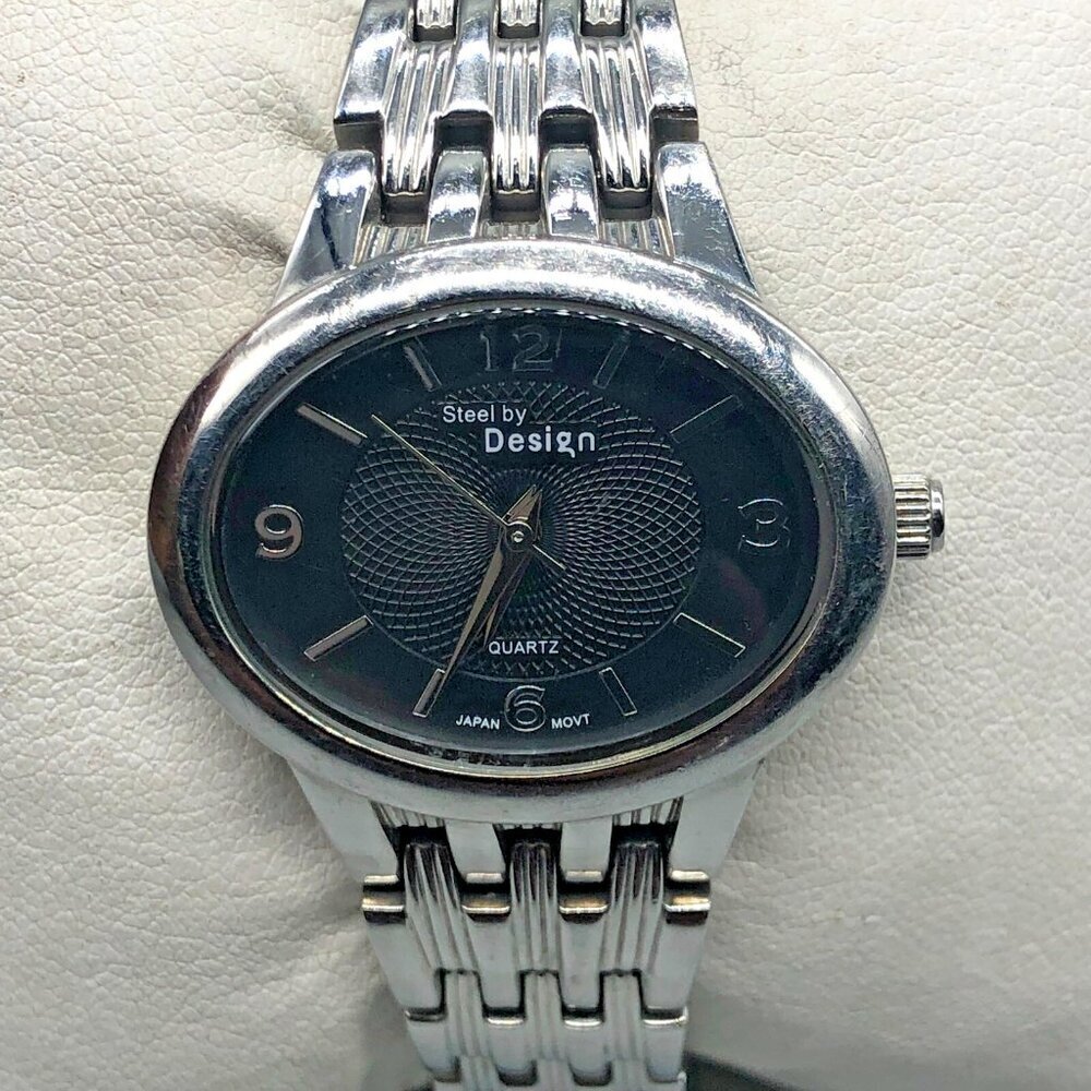 3/$30 Steel by Design Watch Women Black Dial Silver Tone Bracelet 6.25"